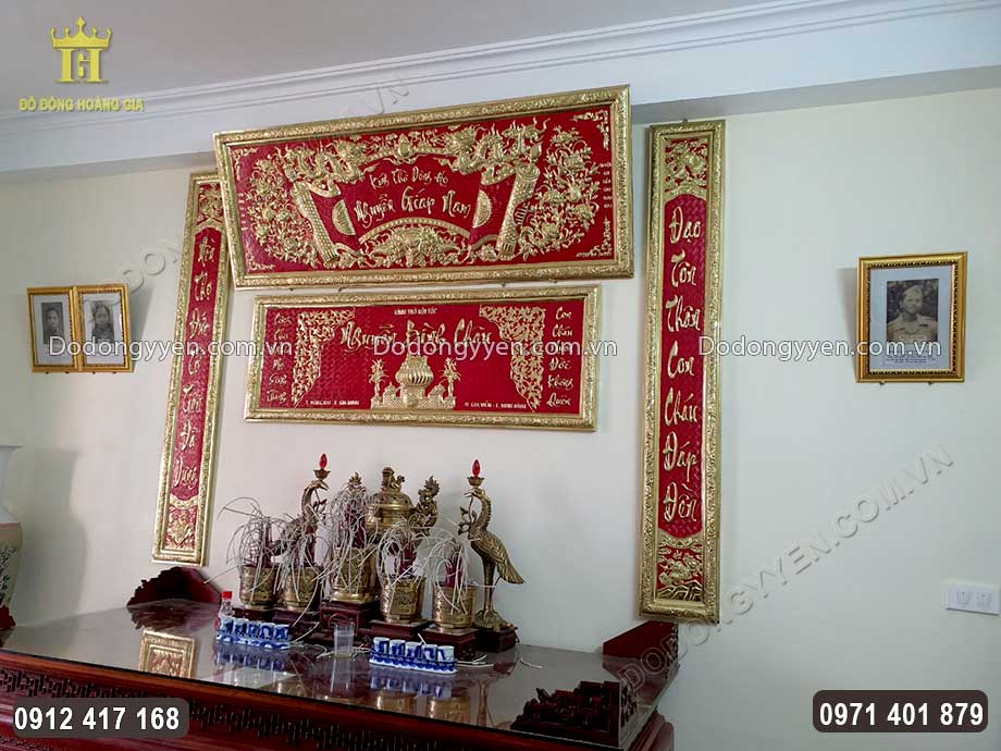 Bộ ho&agrave;nh phi c&acirc;u đối bằng đồng v&agrave;ng gi&uacute;p kh&ocirc;ng gian thờ c&uacute;ng nổi bật 